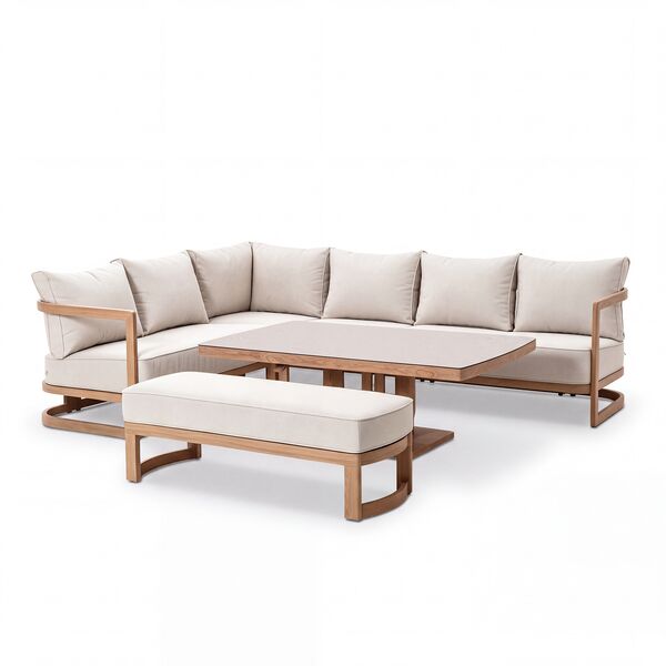 Malibu Rectangular Corner Sofa Set with Rising Table and Bench - Wood Effect