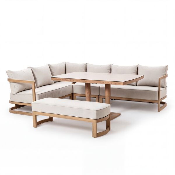 Malibu Rectangular Corner Sofa Set with Rising Table and Bench - Wood Effect