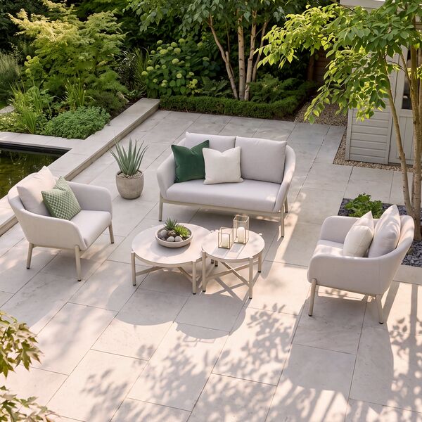 Bellagio Outdoor Fabric 2 Seat Sofa Set with 2 Round Coffee Tables - Champagne