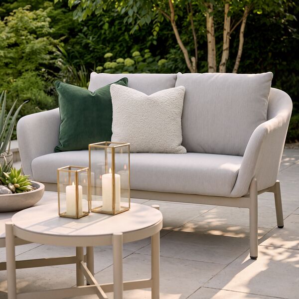Bellagio Outdoor Fabric 2 Seat Sofa Set with 2 Round Coffee Tables - Champagne