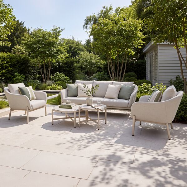 Bellagio Outdoor Fabric 3 Seat Sofa Set with 2 Round Coffee Tables - Champagne