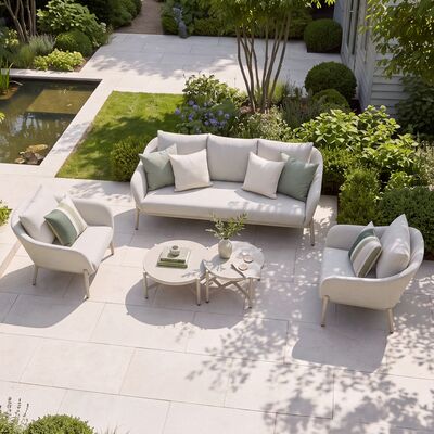 Bellagio Outdoor Fabric 3 Seat Sofa Set with 2 Round Coffee Tables - Champagne
