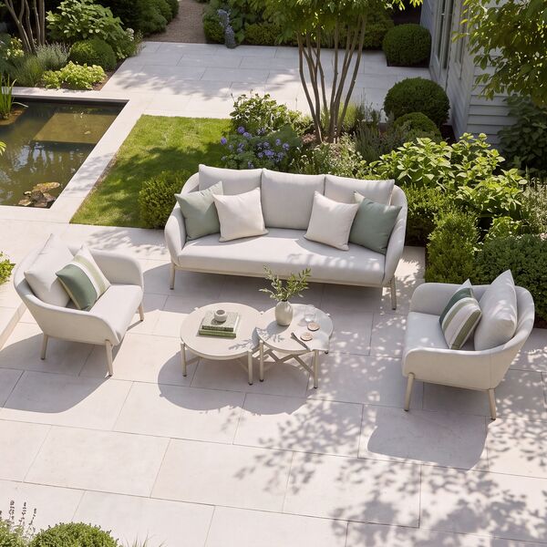 Bellagio Outdoor Fabric 3 Seat Sofa Set with 2 Round Coffee Tables - Champagne