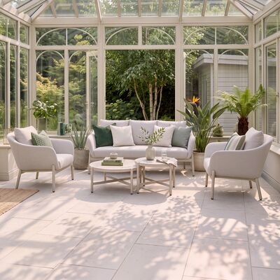 Bellagio Outdoor Fabric 3 Seat Sofa Set with 2 Round Coffee Tables - Champagne