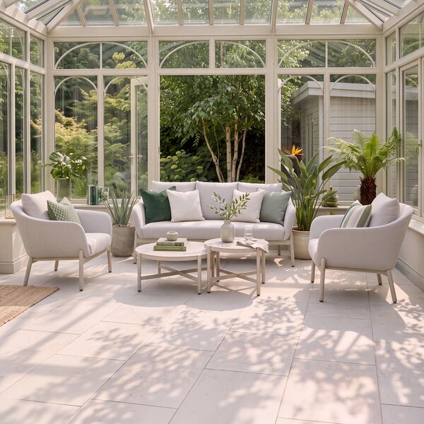 Bellagio Outdoor Fabric 3 Seat Sofa Set with 2 Round Coffee Tables - Champagne