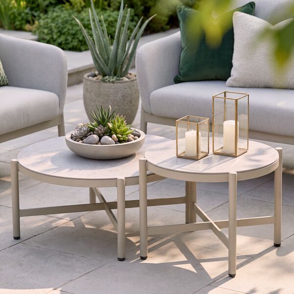 Bellagio Outdoor Fabric 3 Seat Sofa Set with 2 Round Coffee Tables - Champagne
