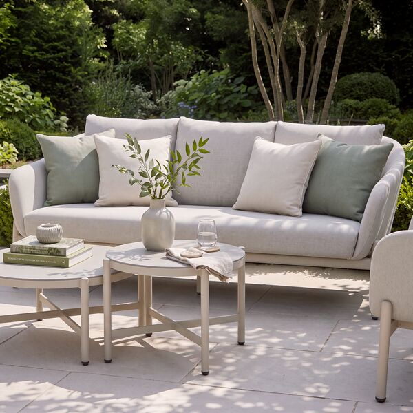 Bellagio Outdoor Fabric 3 Seat Sofa Set with 2 Round Coffee Tables - Champagne