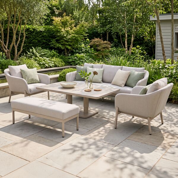 Bellagio Outdoor Fabric 3 Seat Sofa Set with Rising Table & Bench - Champagne