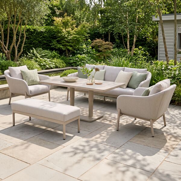 Bellagio Outdoor Fabric 3 Seat Sofa Set with Rising Table & Bench - Champagne