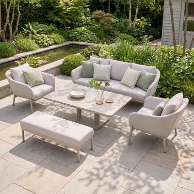 Bellagio Outdoor Fabric 3 Seat Sofa Set with Rising Table & Bench - Champagne