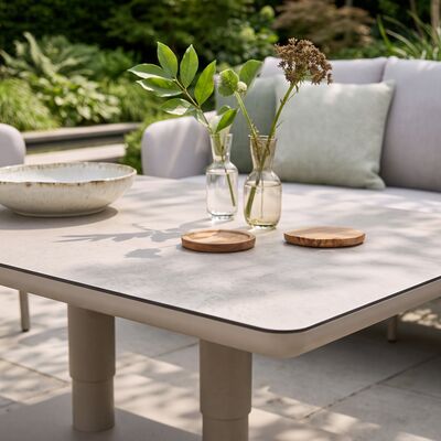 Bellagio Outdoor Fabric 3 Seat Sofa Set with Rising Table & Bench - Champagne