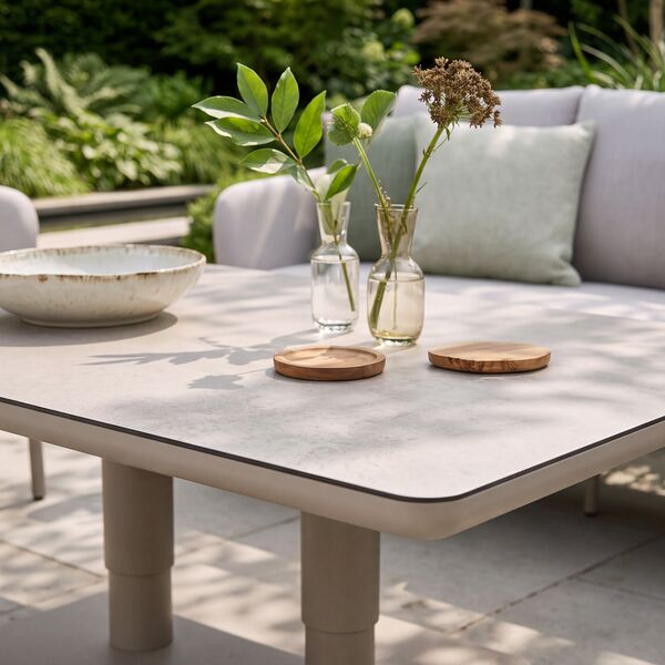 Bellagio Outdoor Fabric 3 Seat Sofa Set with Rising Table & Bench - Champagne