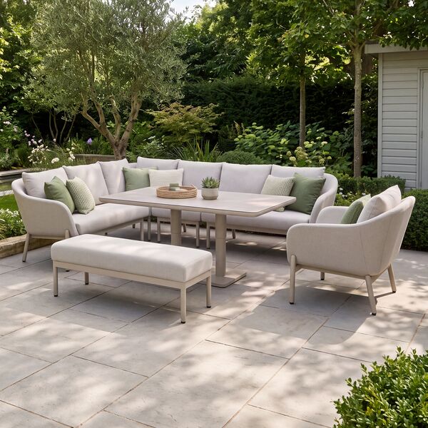 Bellagio Outdoor Fabric Rectangular Corner Dining Set with Rising Table, Bench & Lounge Chair - Champagne