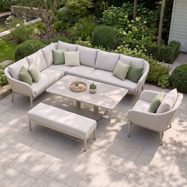 Bellagio Outdoor Fabric Rectangular Corner Dining Set with Rising Table, Bench & Lounge Chair - Champagne