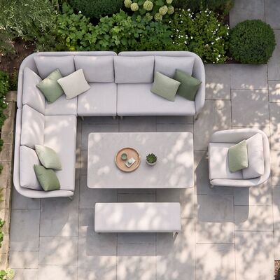 Bellagio Outdoor Fabric Rectangular Corner Dining Set with Rising Table, Bench & Lounge Chair - Champagne