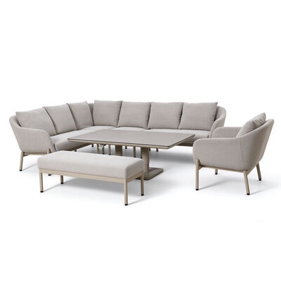 Bellagio Outdoor Fabric Rectangular Corner Dining Set with Rising Table, Bench & Lounge Chair - Champagne