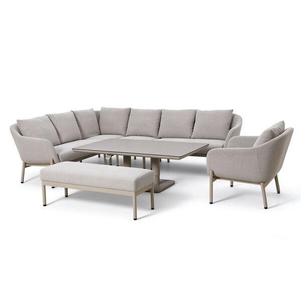 Bellagio Outdoor Fabric Rectangular Corner Dining Set with Rising Table, Bench & Lounge Chair - Champagne