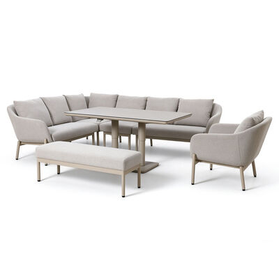 Bellagio Outdoor Fabric Rectangular Corner Dining Set with Rising Table, Bench & Lounge Chair - Champagne