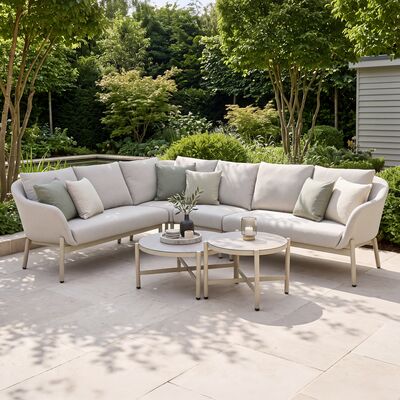 Bellagio Outdoor Fabric Rectangular Corner Sofa Set with 2 Round Coffee Tables - Champange
