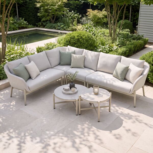 Bellagio Outdoor Fabric Rectangular Corner Sofa Set with 2 Round Coffee Tables - Champange