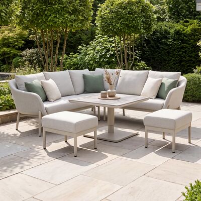Bellagio Outdoor Fabric Square Corner Dining Set with Rising Table & Footstools  - Champagne
