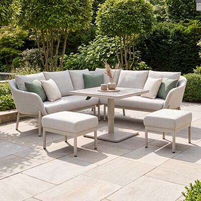 Bellagio Outdoor Fabric Square Corner Dining Set with Rising Table & Footstools  - Champagne