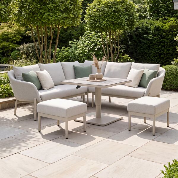 Bellagio Outdoor Fabric Square Corner Dining Set with Rising Table & Footstools  - Champagne