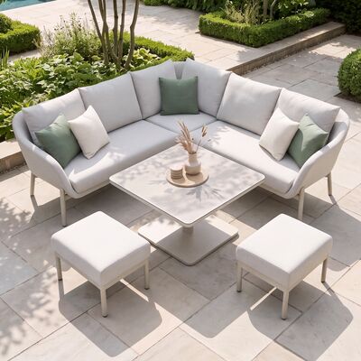 Bellagio Outdoor Fabric Square Corner Dining Set with Rising Table & Footstools  - Champagne