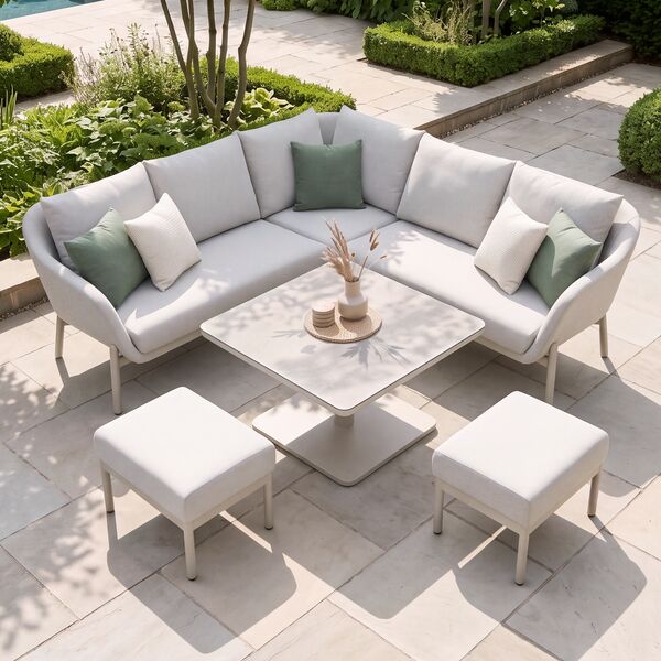 Bellagio Outdoor Fabric Square Corner Dining Set with Rising Table & Footstools  - Champagne