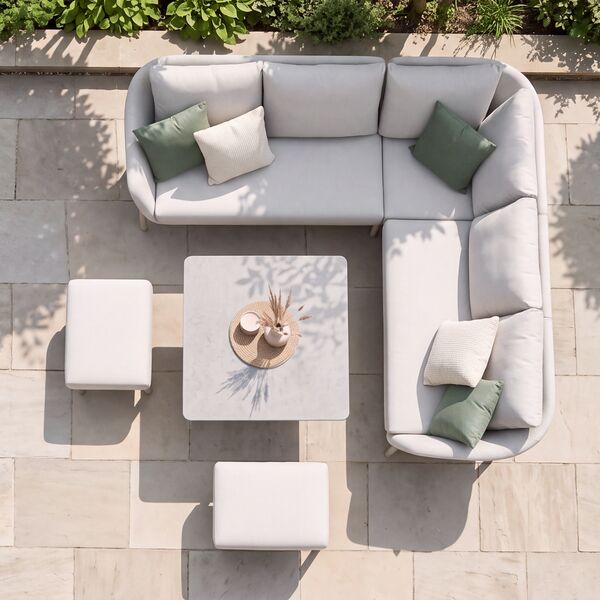 Bellagio Outdoor Fabric Square Corner Dining Set with Rising Table & Footstools  - Champagne