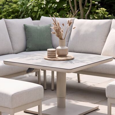 Bellagio Outdoor Fabric Square Corner Dining Set with Rising Table & Footstools  - Champagne