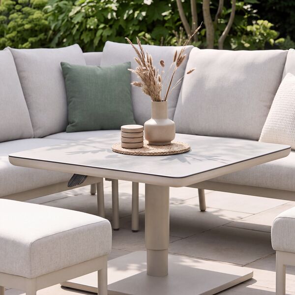 Bellagio Outdoor Fabric Square Corner Dining Set with Rising Table & Footstools  - Champagne