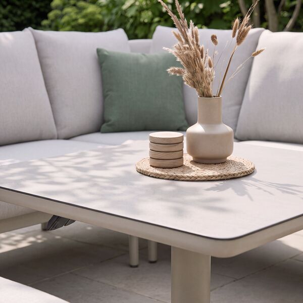 Bellagio Outdoor Fabric Square Corner Dining Set with Rising Table & Footstools  - Champagne