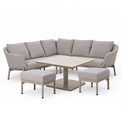 Bellagio Outdoor Fabric Square Corner Dining Set with Rising Table & Footstools  - Champagne