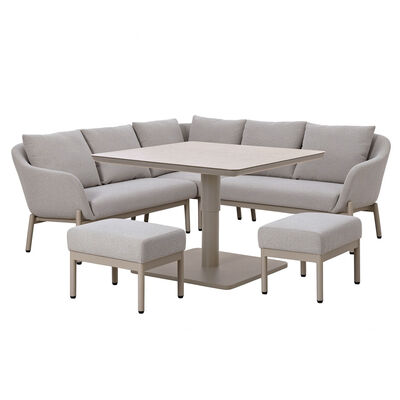 Bellagio Outdoor Fabric Square Corner Dining Set with Rising Table & Footstools  - Champagne