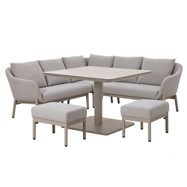 Bellagio Outdoor Fabric Square Corner Dining Set with Rising Table & Footstools  - Champagne