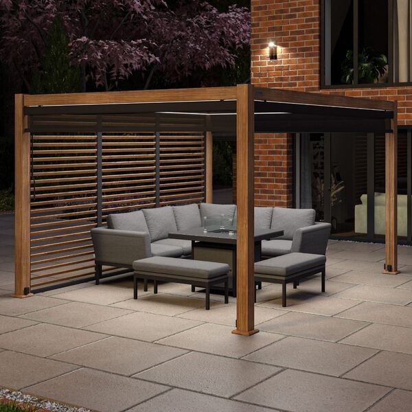 Maze Como - 3m x 4m Aluminium Metal Outdoor Garden Pergola with 3 Drop Sides & 4m Louvre Wall - Wood Effect product image