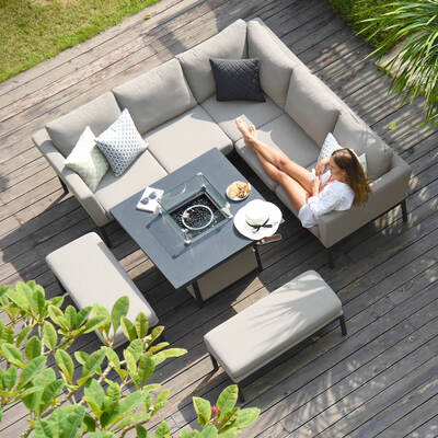 Maze - Outdoor Fabric Pulse Square Corner Dining Set with Fire Pit Table - Oatmeal product image