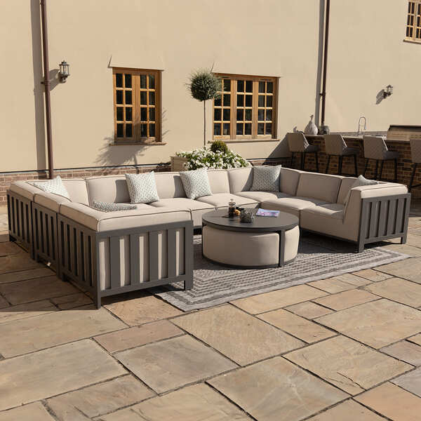 Maze - Outdoor Fabric Ibiza U Shape Sofa Set with Round Coffee Table & 3 Footstools - Oatmeal product image