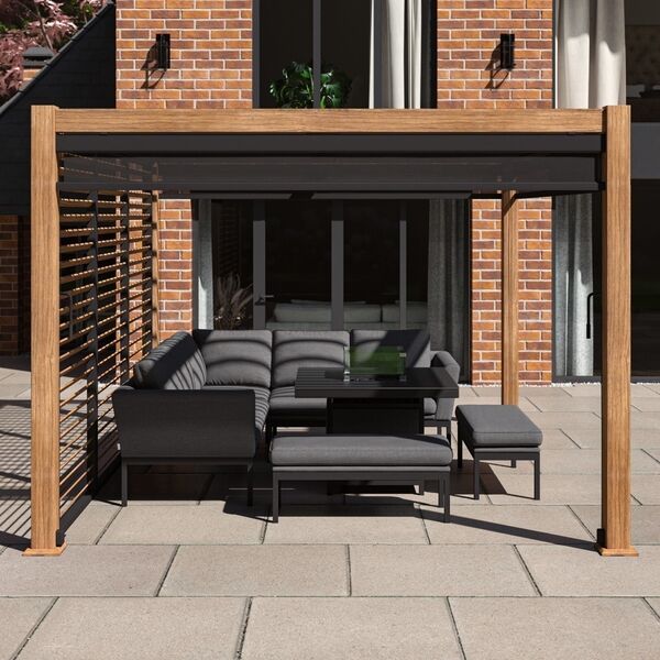 Maze Como - 3m x 4m Aluminium Metal Outdoor Garden Pergola with 3 Drop Sides & 4m Louvre Wall - Wood Effect product image