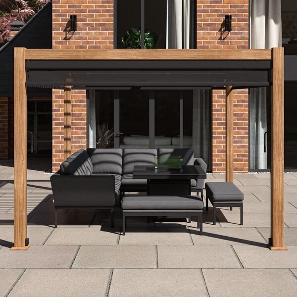 Maze Como - 3m x 4m Aluminium Metal Outdoor Garden Pergola with 4 Grey Drop Sides & Wood Effect Frame product image