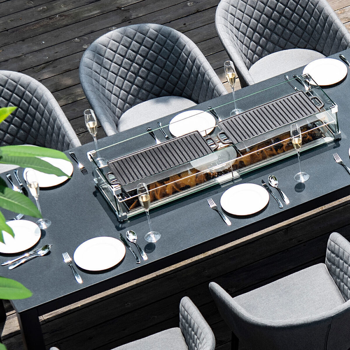 Maze - Outdoor Fabric Ambition 8 Seat Rectangular Dining Set with Fire Pit Table - Flanelle product image