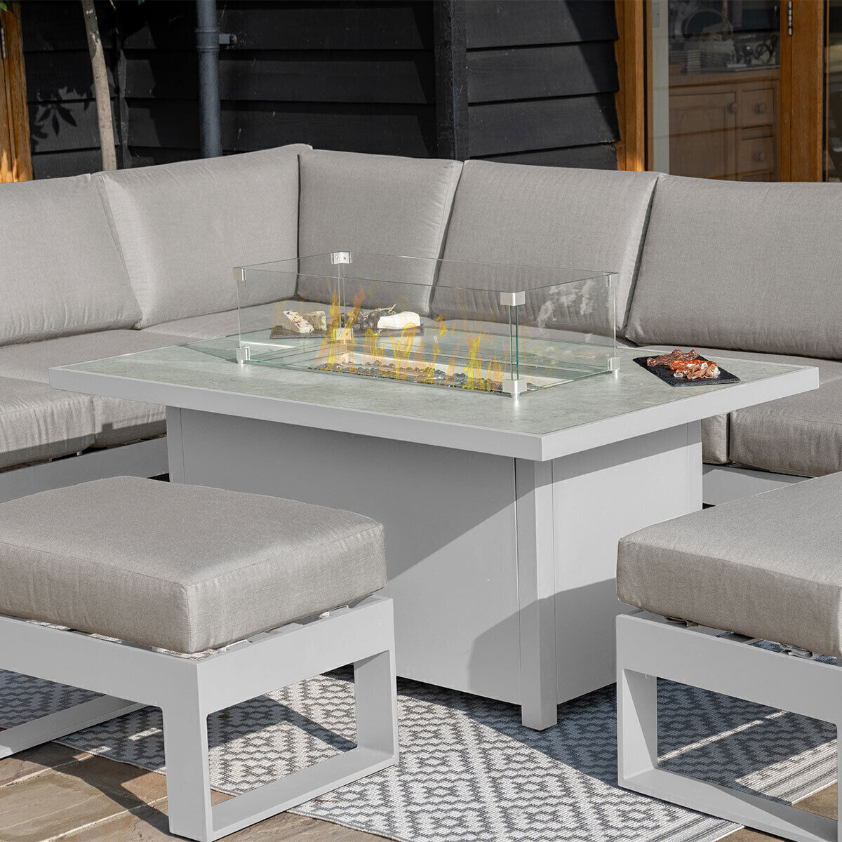 Maze - Amalfi Large Aluminium Corner Dining Set with Fire Pit Table & Footstools - White product image