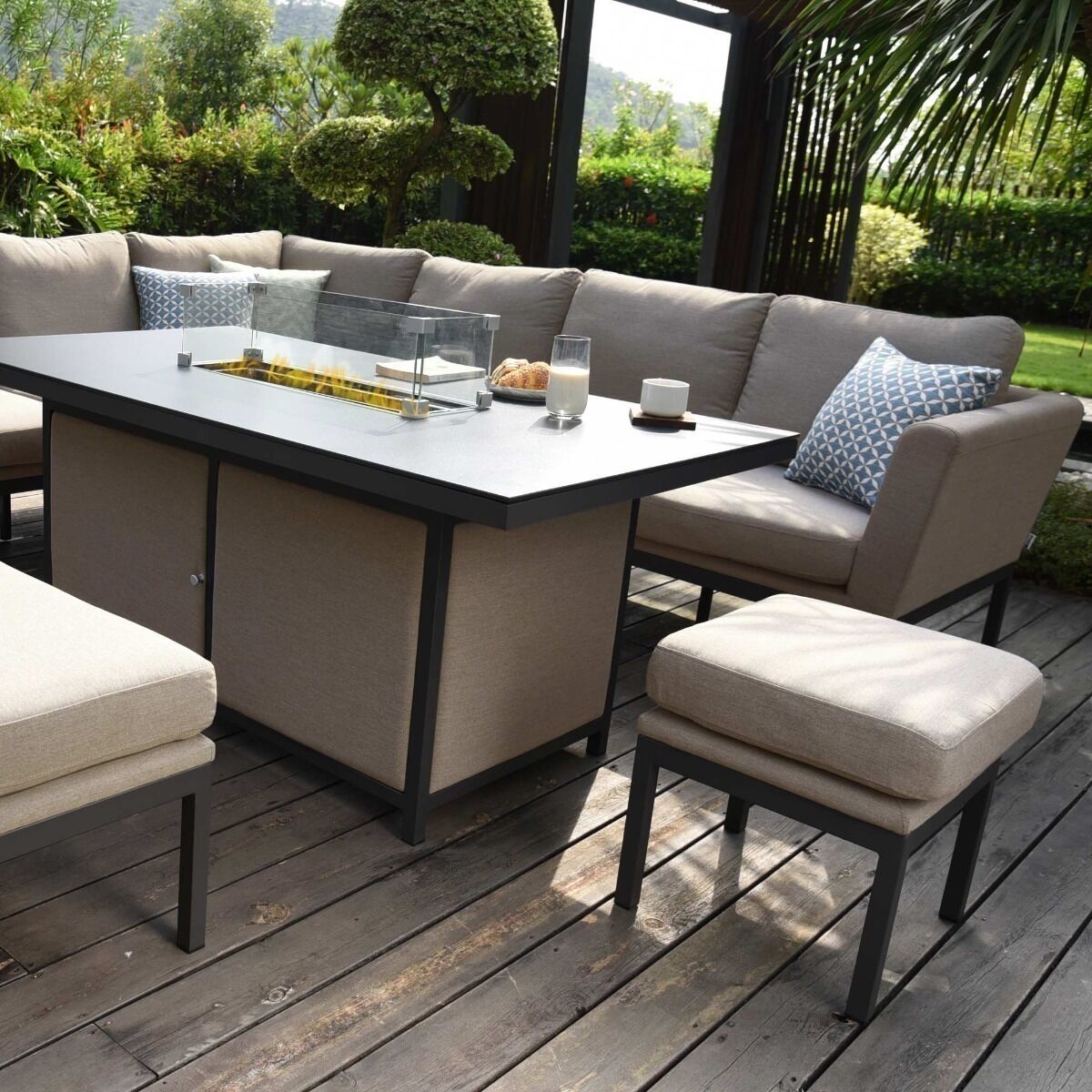 Maze - Outdoor Fabric Pulse Rectangular Corner Dining Set with Fire Pit Table - Taupe product image