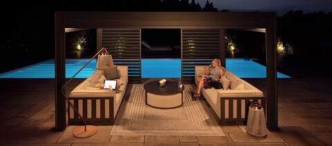 Maze - Eden 4m x 4m Aluminium Metal Outdoor Garden Pergola with LED Lights & Motorised Roof plus 3 Drop Sides & 4m Louvre Wall
