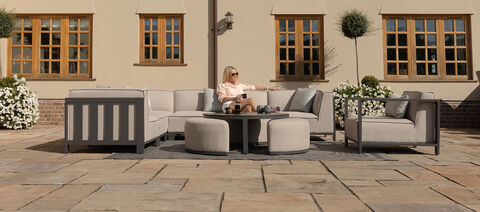 Maze - Outdoor Fabric Round Coffee Table with 3 Footstools - Oatmeal